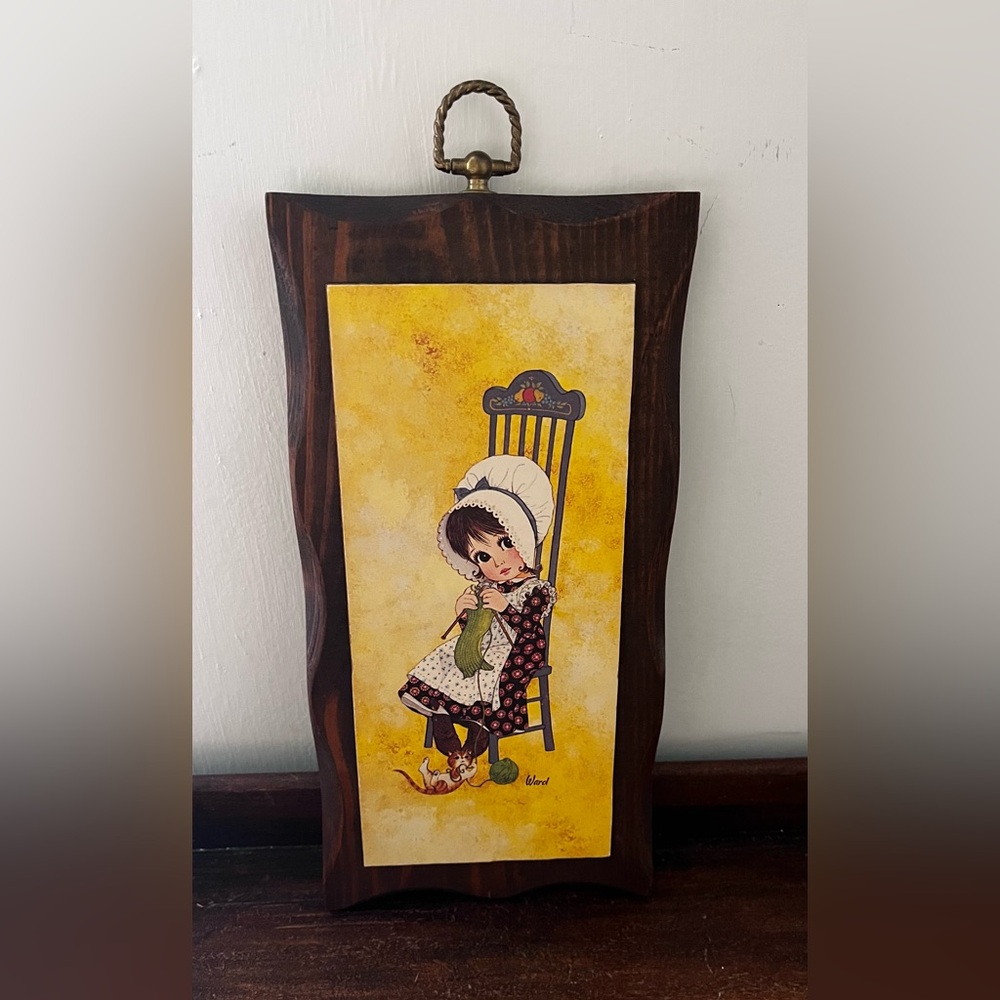 Vintage Girl Knitting Wall Art - Yellow